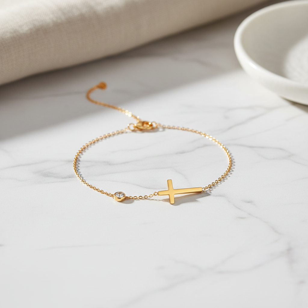 Gold cross bracelet flatlay