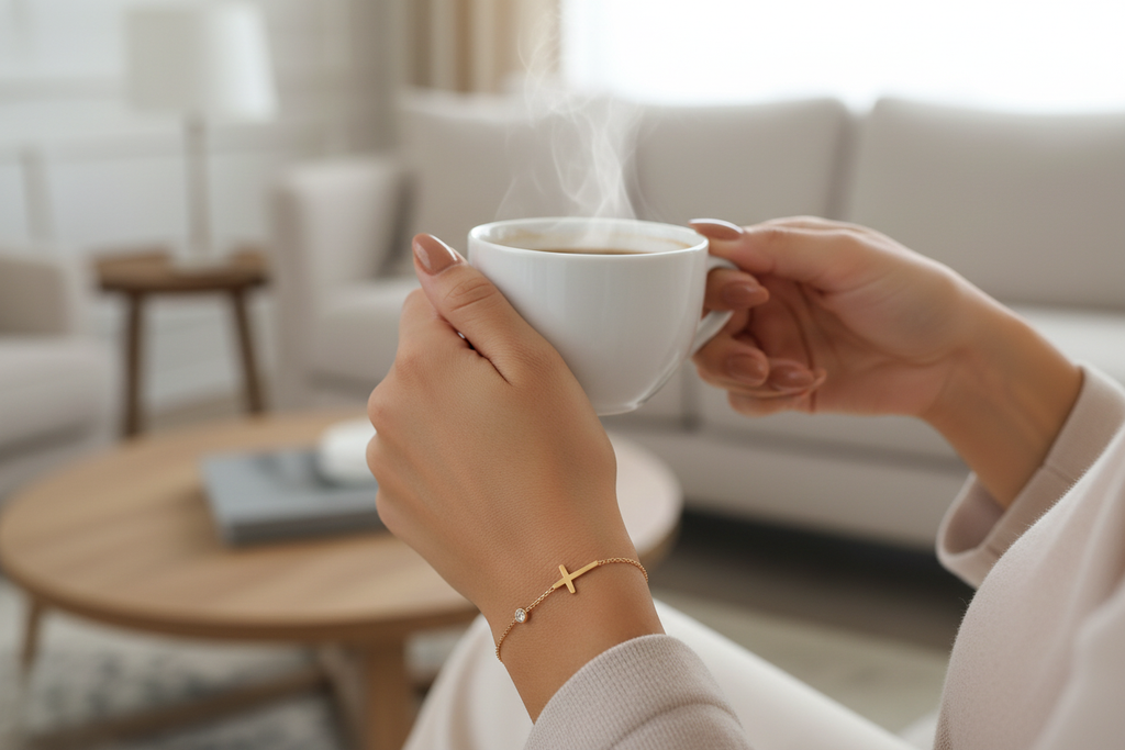 Gold cross bracelet wrist