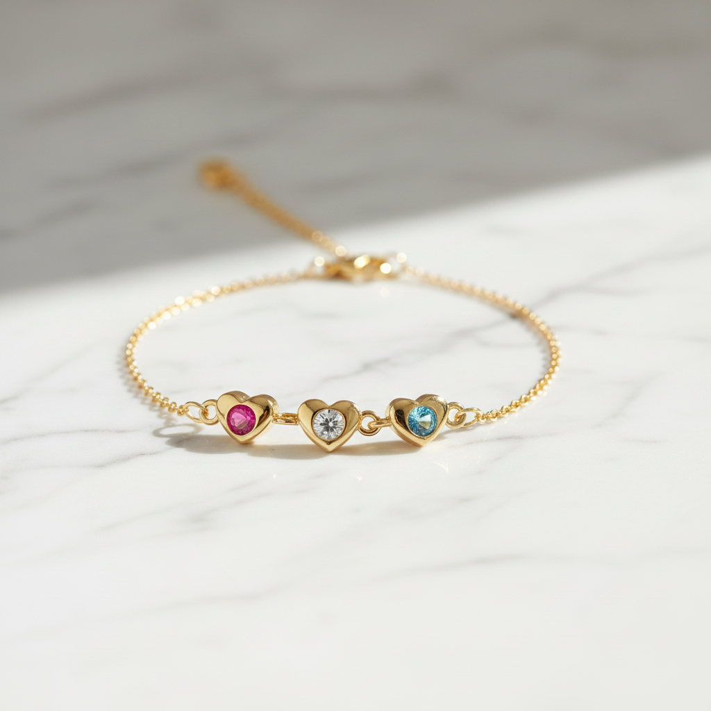 Gold heart bracelet on white marble